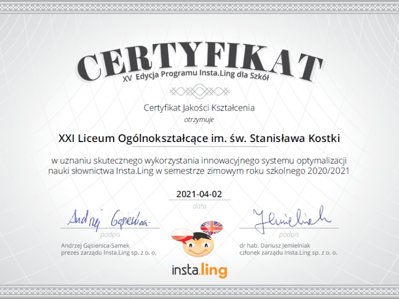 Certyfikat Jakości Kształcenia w XV edycji programu Insta.Ling