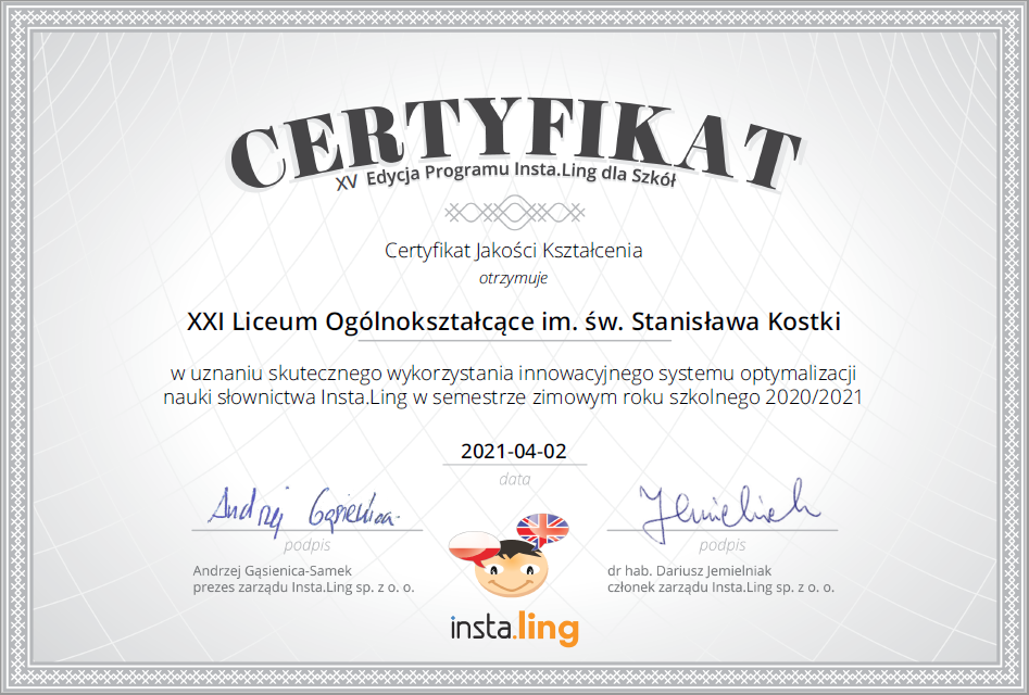 Certyfikat Jakości Kształcenia w XV edycji programu Insta.Ling